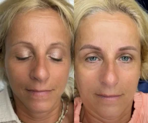 Before and after soft shaded eyebrows on mature skin