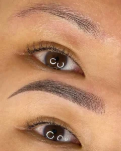 Before and after hair-stroke eyebrows, sparse natural brow above and fine strokes below